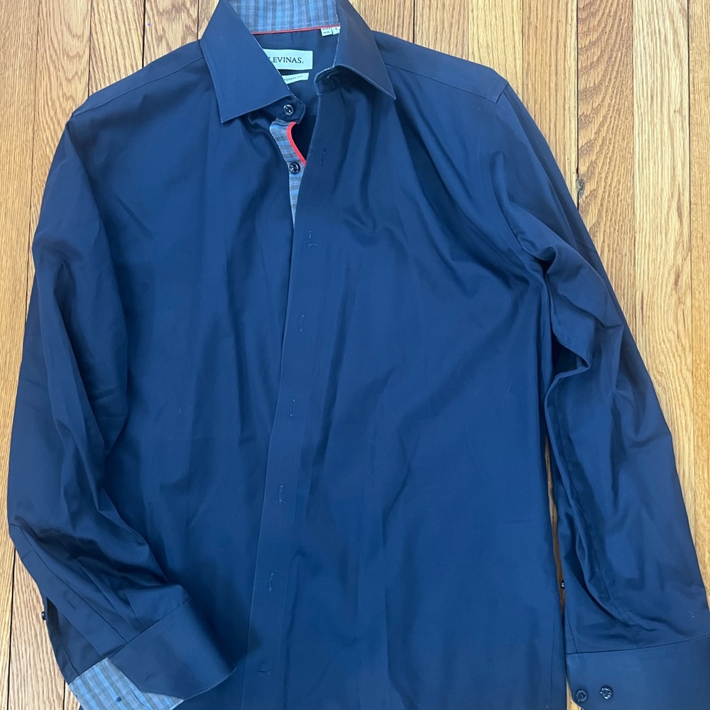 Elegant Deep Blue Levinas Men's Dress Shirt Large